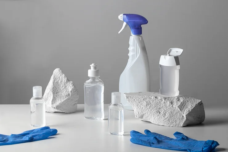 A greyscale image of a few bottles with a pair of blue gloves