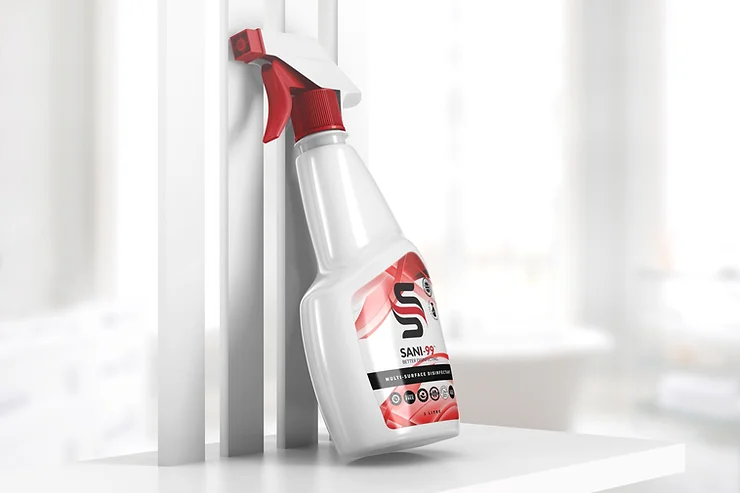 A portrait of a SANI-99 spray bottle