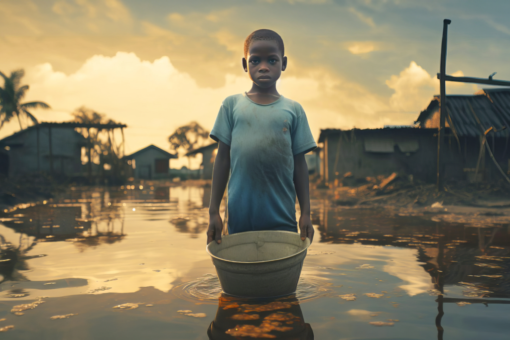 A boy standing in a dirty water with tub in his hand