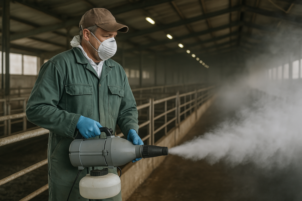 A farm worker applies a sanitizing spray to maintain biosecurity protocols in an agricultural setting